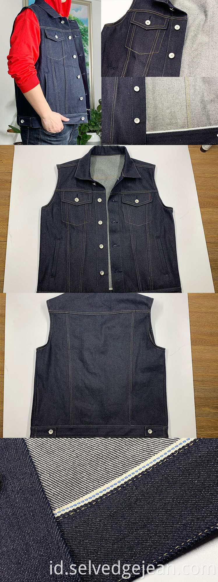 15oz Tombol Kustom Membuka Desain Fit Reguler No Sashed Indigo Selvedge Denim Biker Jacket Pria Vest